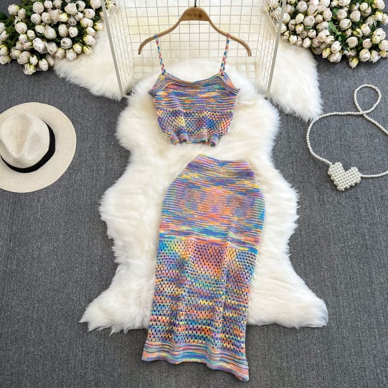 Rainbow Knit Two-Piece Set (Crop Top + Skirt)