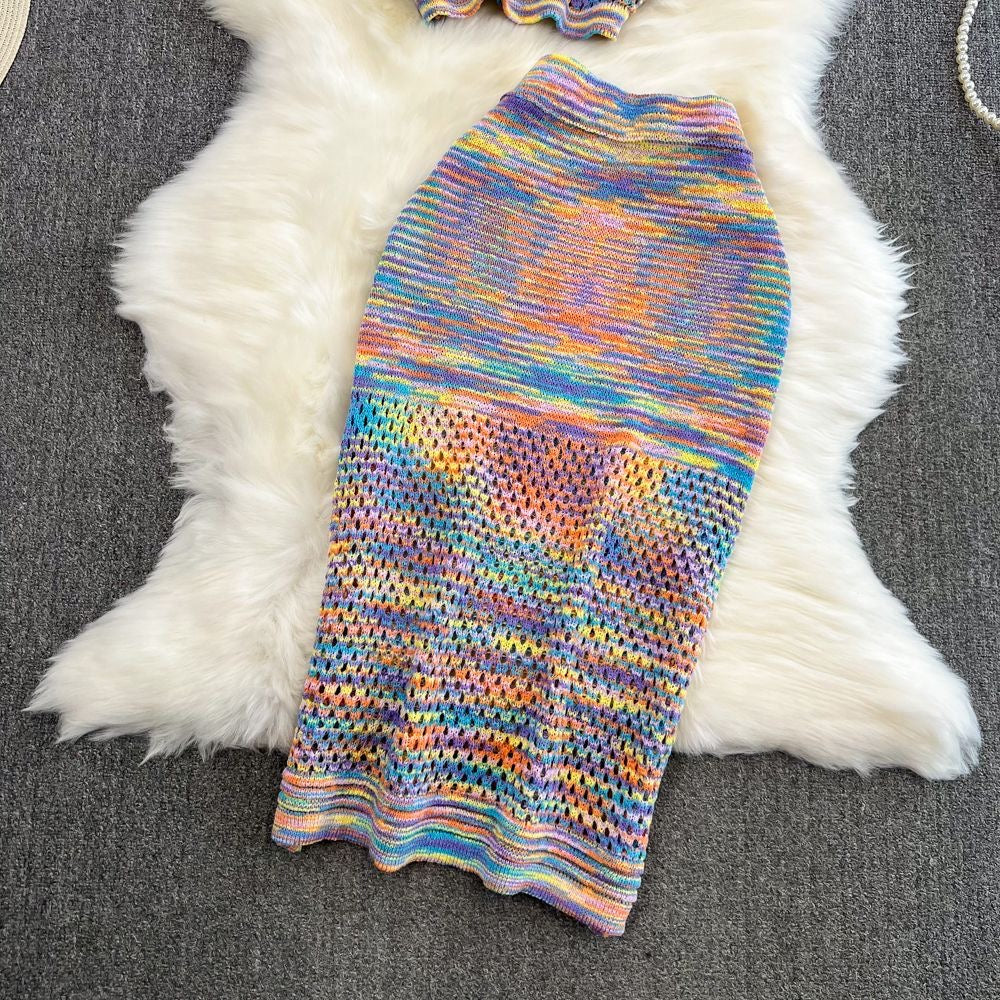 Rainbow Knit Two-Piece Set (Crop Top + Skirt)