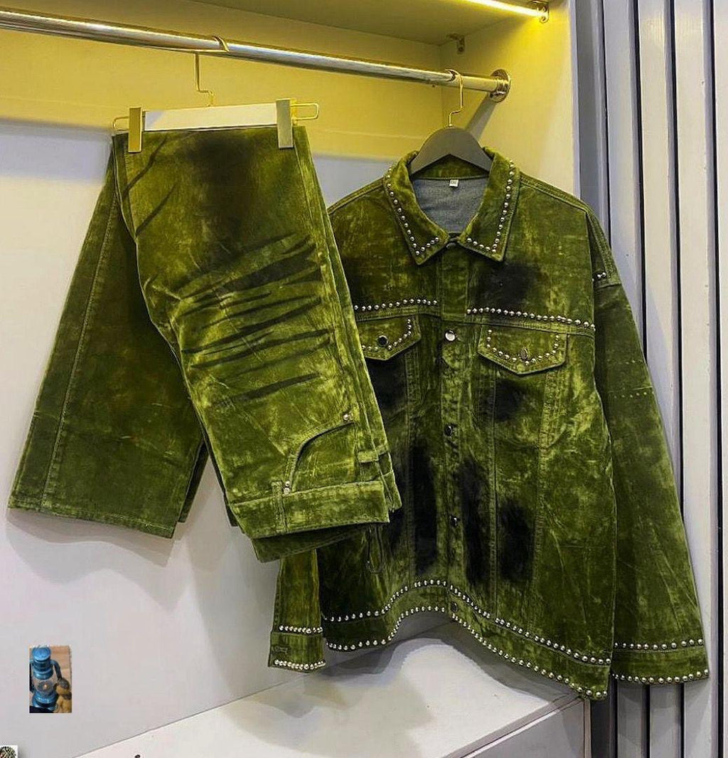 Men’s Velvet Two-Piece Set – Bold Green (Jacket + Pants)