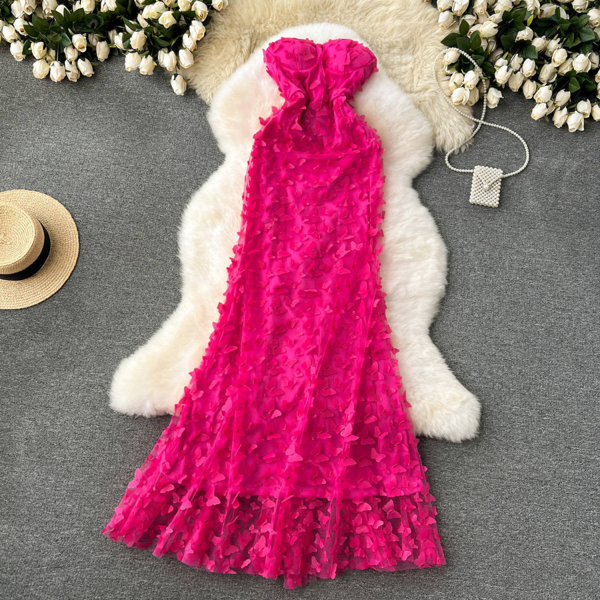 Hot Pink Strapless 3D Mesh Maxi Dress