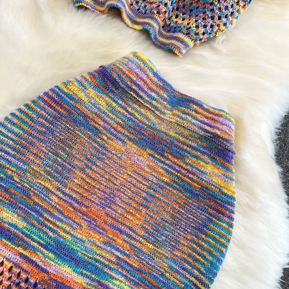 Rainbow Knit Two-Piece Set (Crop Top + Skirt)