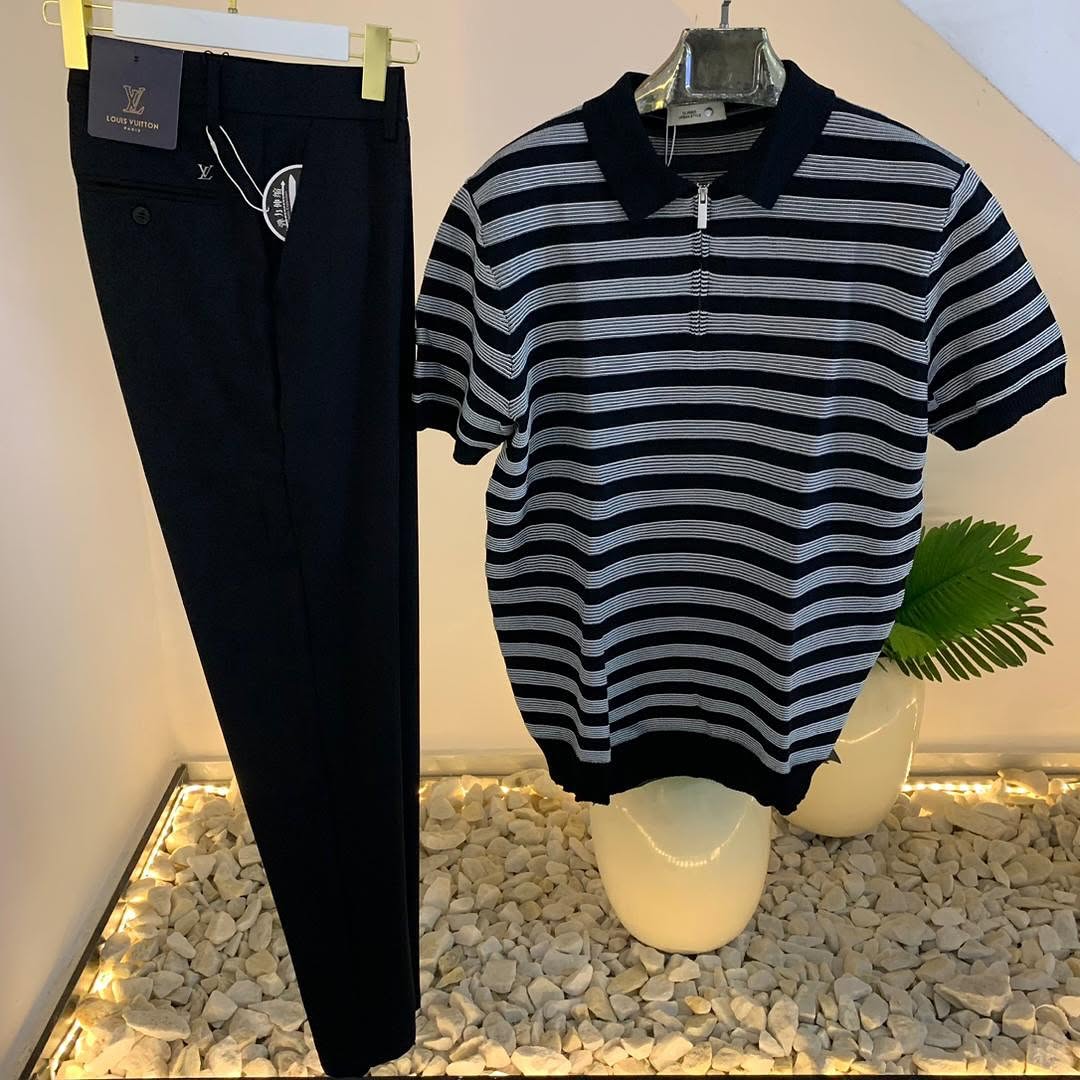 Men’s Striped Knit Polo Shirt – Grey & Black