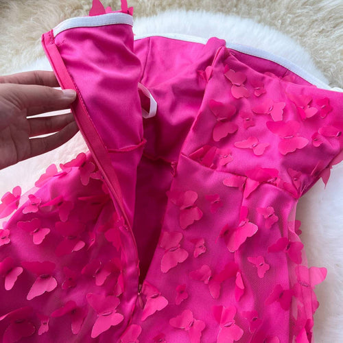 Hot Pink Strapless 3D Mesh Maxi Dress