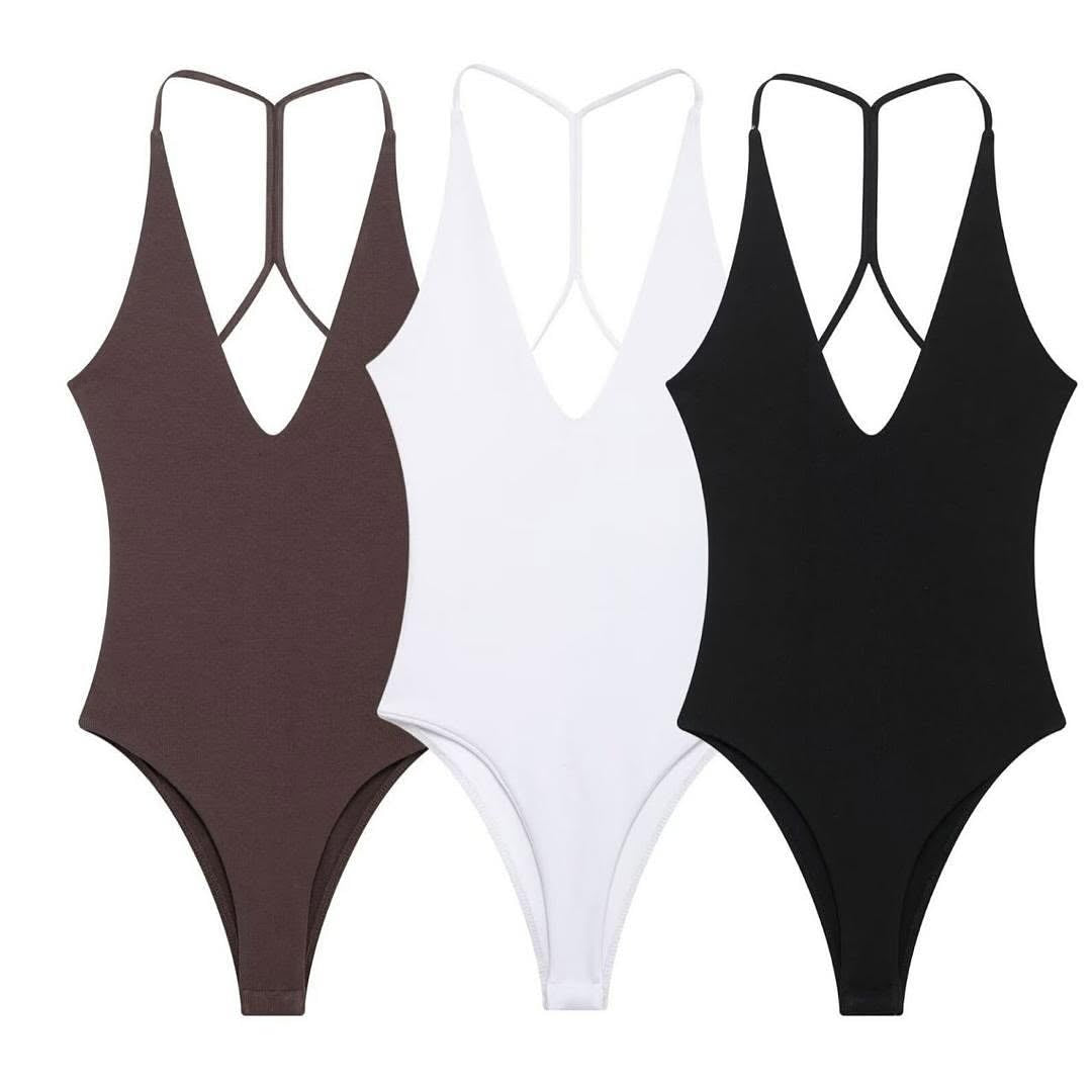 ZR Strappy V-Neck Bodysuit – Black, White & Brown