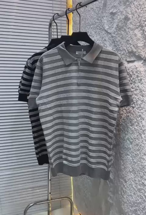 Men’s Striped Knit Polo Shirt – Grey & Black